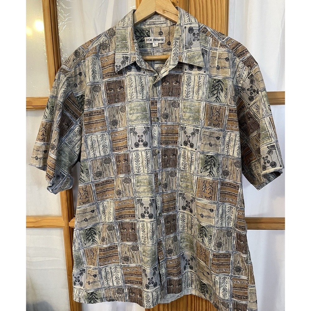 70s Button Shirt Check Mens Sz L Beige Abstract Short Sleeve Casual Party Korea